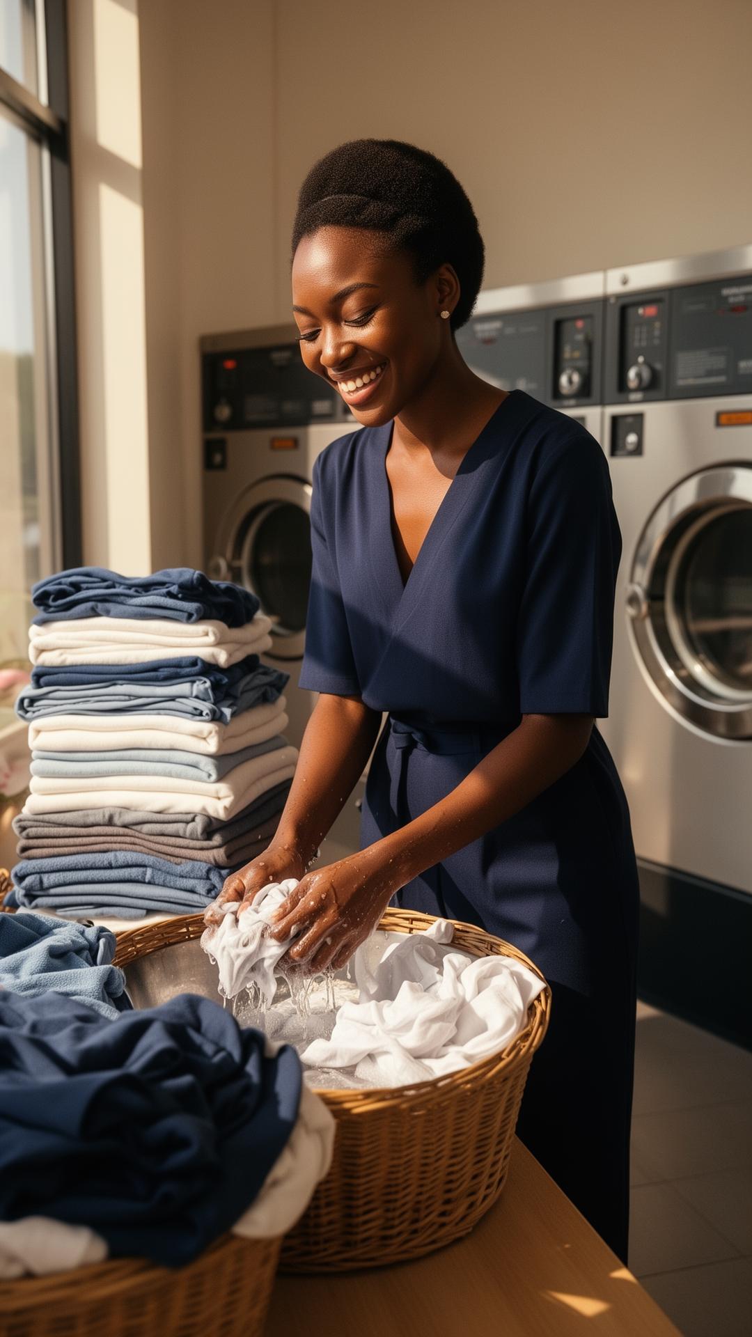 Folded fresh laundry on a deep navy surface